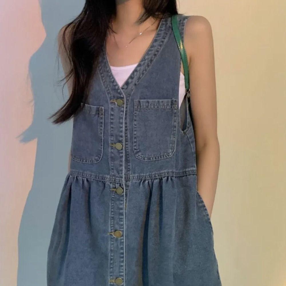 V-neck Denim Camisole Dress Pleated Sleeveless Short Dress Elegant Cowboy Strap Dress  Beachwear