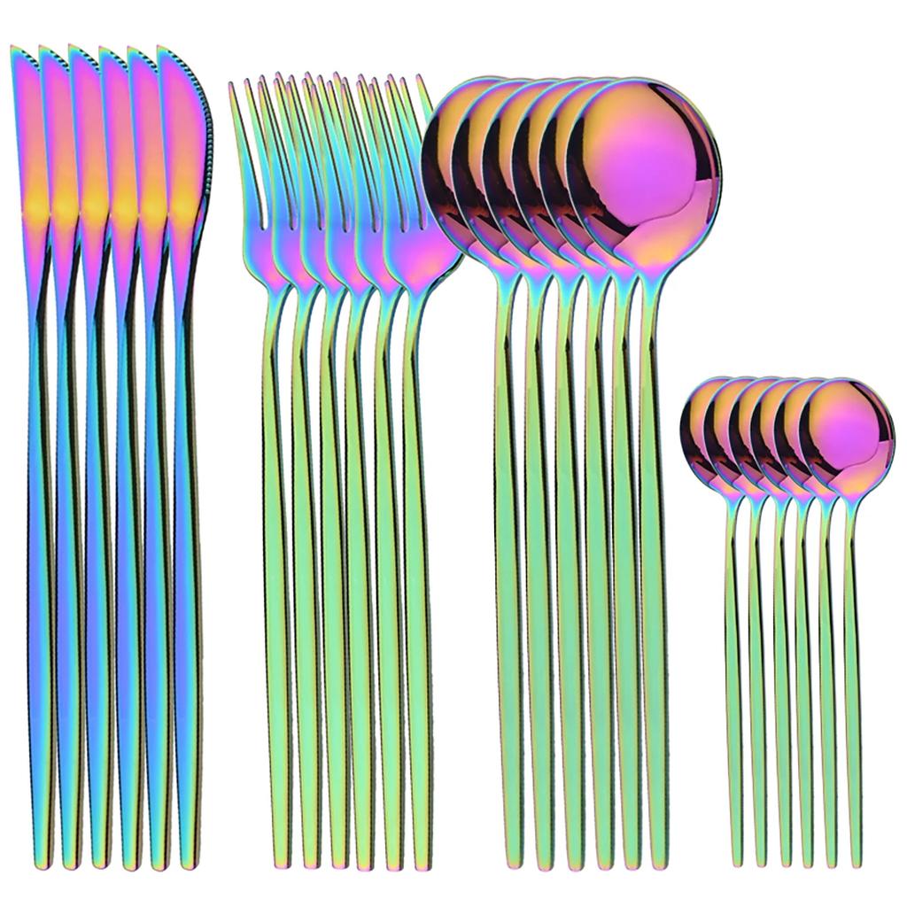 24Pcs Gold Tableware Sets Stainless Steel Cutlery Knife Tea Fork Coffee Spoon Flatware Dishwasher Safe Dinner Kitchen Dinnerware