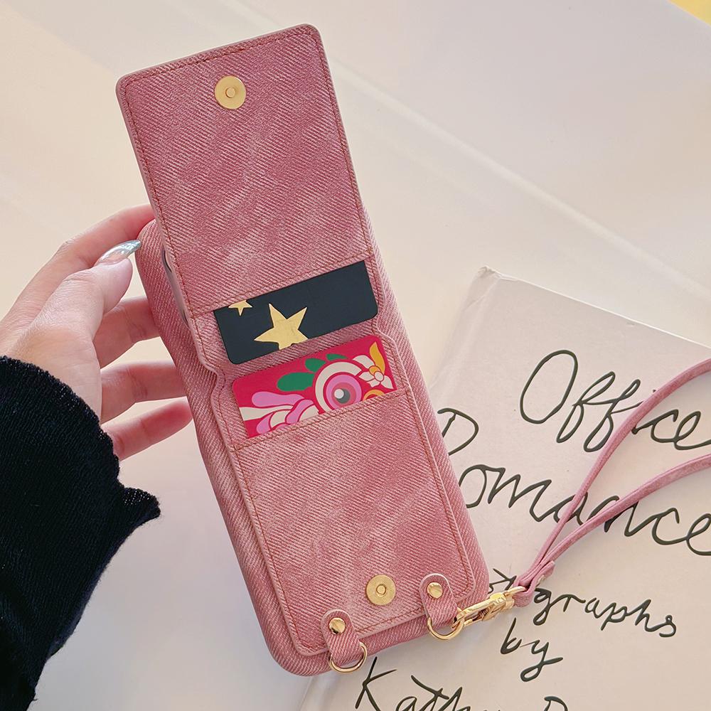 For iPhone 15 Pro Case Ring Kickstand Card Holder Jeans Cloth Texture PU Leather Back Cover with Strap