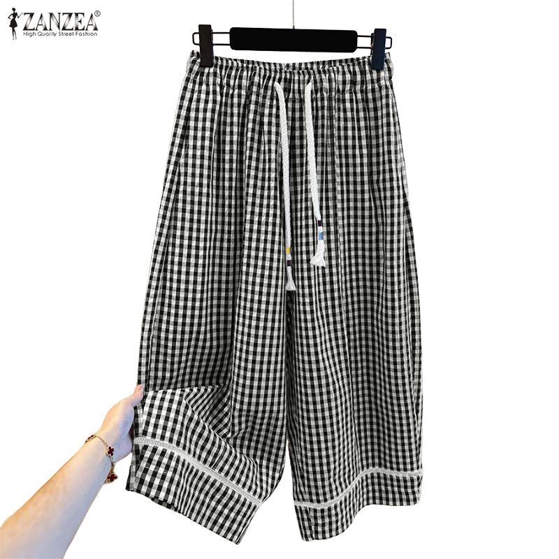 ZANZEA Women Casual Elastic Waist Loose Plaid Print Pants