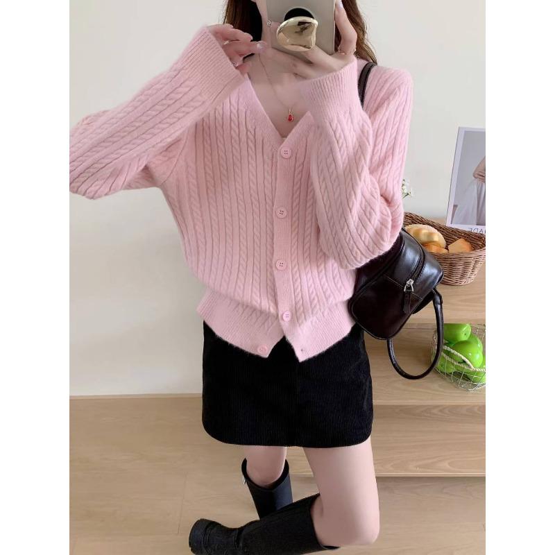 Autumn and winter niche V-neck twist loose knitted cardigan top casual simple long-sleeved thin outer sweater