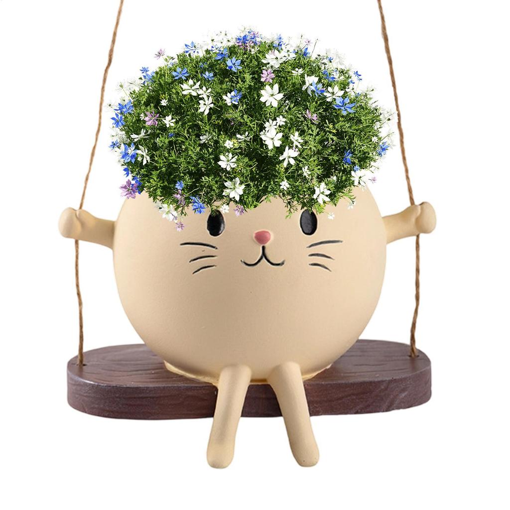 Swing Smile Face Planter Pot Cute Cat Rocking Chair Resin Flowerpots Potted Plant Ornament Home Art Decoration Flowerpot