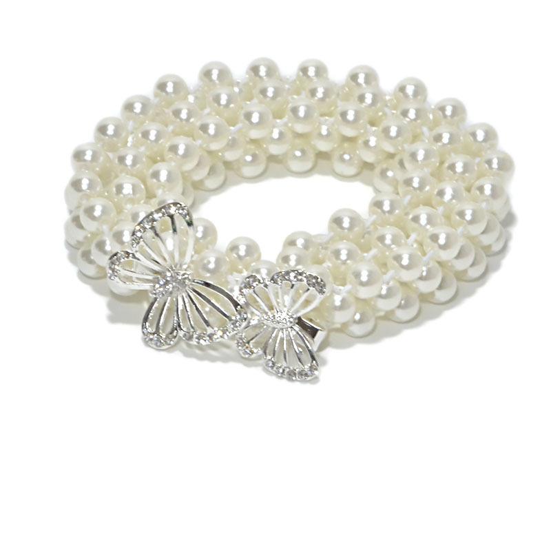 Pearl elastic thin belt fashionsweet rhinestone inlaid bows buckle waist chain