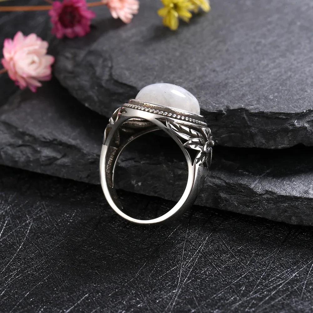 Newest Retro Flower S Silver Natural Moonstone Rings for Women Zircon Fine Party Wedding Birthday Gift
