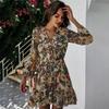 Women Summer Floral Mini Dress High Waist Lace Up A-Line Chiffon Sleeve Black White Navy S-XXL Spring Casual Dress
