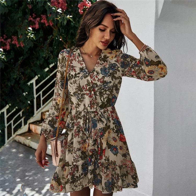 Women Summer Floral Mini Dress High Waist Lace Up A-Line Chiffon Sleeve Black White Navy S-XXL Spring Casual Dress