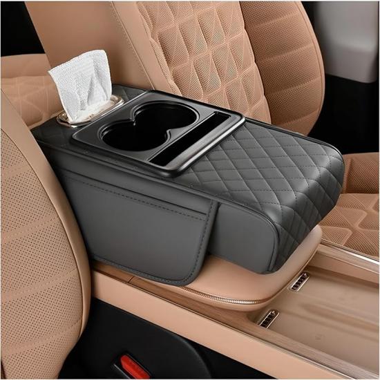 Car Center Console Armrest Pillow, Memory Foam Leather 4 In 1 Vehicle Arm Rest Cover With Tissue Box 2 Side Storage Bag Cup & Phone Holder, Auto