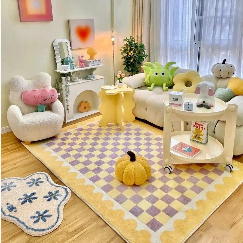 

Pink Blue Checkerboard Bedside Carpet Cute Dopamine Bedroom Rug Fashion Ins Advanced Light Luxury Soft Coffee Table Mat Tapis 50x80cm (19x31inch)