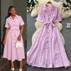 Commuter style short-sleeved A-shaped dress for women's summer light and mature style pink waist and thin elegant niche long skirt