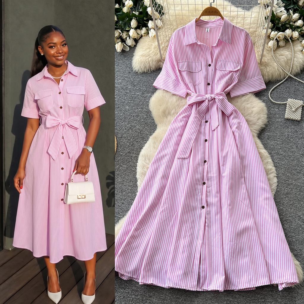 Commuter style short-sleeved A-shaped dress for women's summer light and mature style pink waist and thin elegant niche long skirt