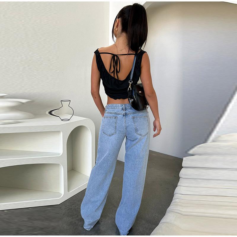 Women's Spring Summer Y2k Light Blue Baggy Pants Low Waist Loose Fit Straight Leg Denim Pants Boyfriend Jeans with Pockets
