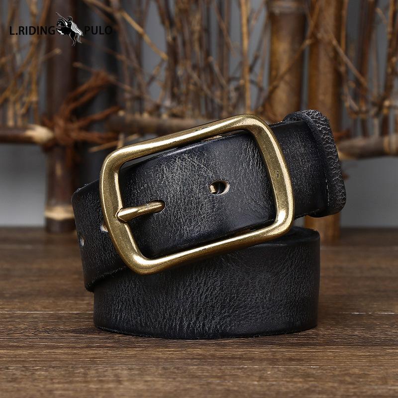 Men's Genuine Leather Belt Retro Distressed Pleated Copper Buckle Korean Style Casual Jeans Belt