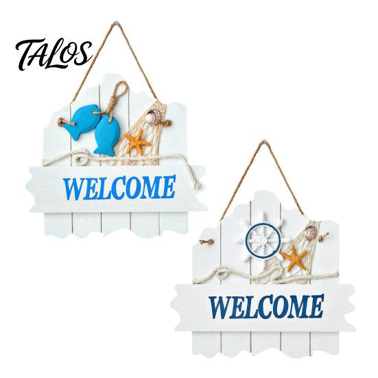 Marine Elements Wall Art Mediterranean Style Wooden Welcome Sign, Starfish And Shells Hanging Seaside Inspired Ornament Plaque, Decorative for