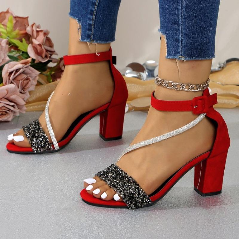 2026 Summer Open Toe Women's Sandals Fashion Buckle Strap New Sequins Plus Size Color Matching Heeled Sandals