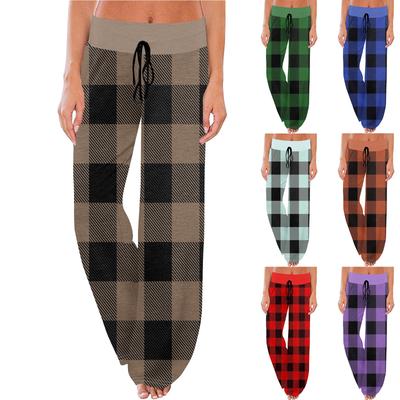 Women's Comfy Pajama Pants Pocket Plaid Print Drawstring Wide Leg Pants