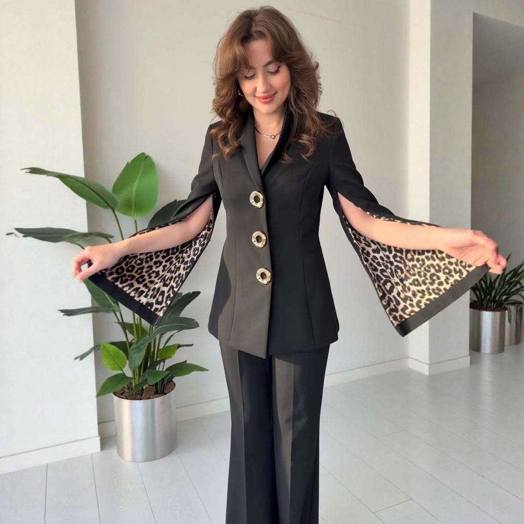 2025 Autumn New Cross-border European and American Casual Leopard Print Suit Cardigan Zipper Slit Long Sleeve Jacket Straight-Leg Pants Set