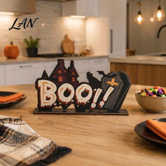 Decorative Halloween Wood Signs Wooden Ornaments for Tabletop Decorations, Stable Base Table Figures Centerpiece Home Party And Spooky Haunted
