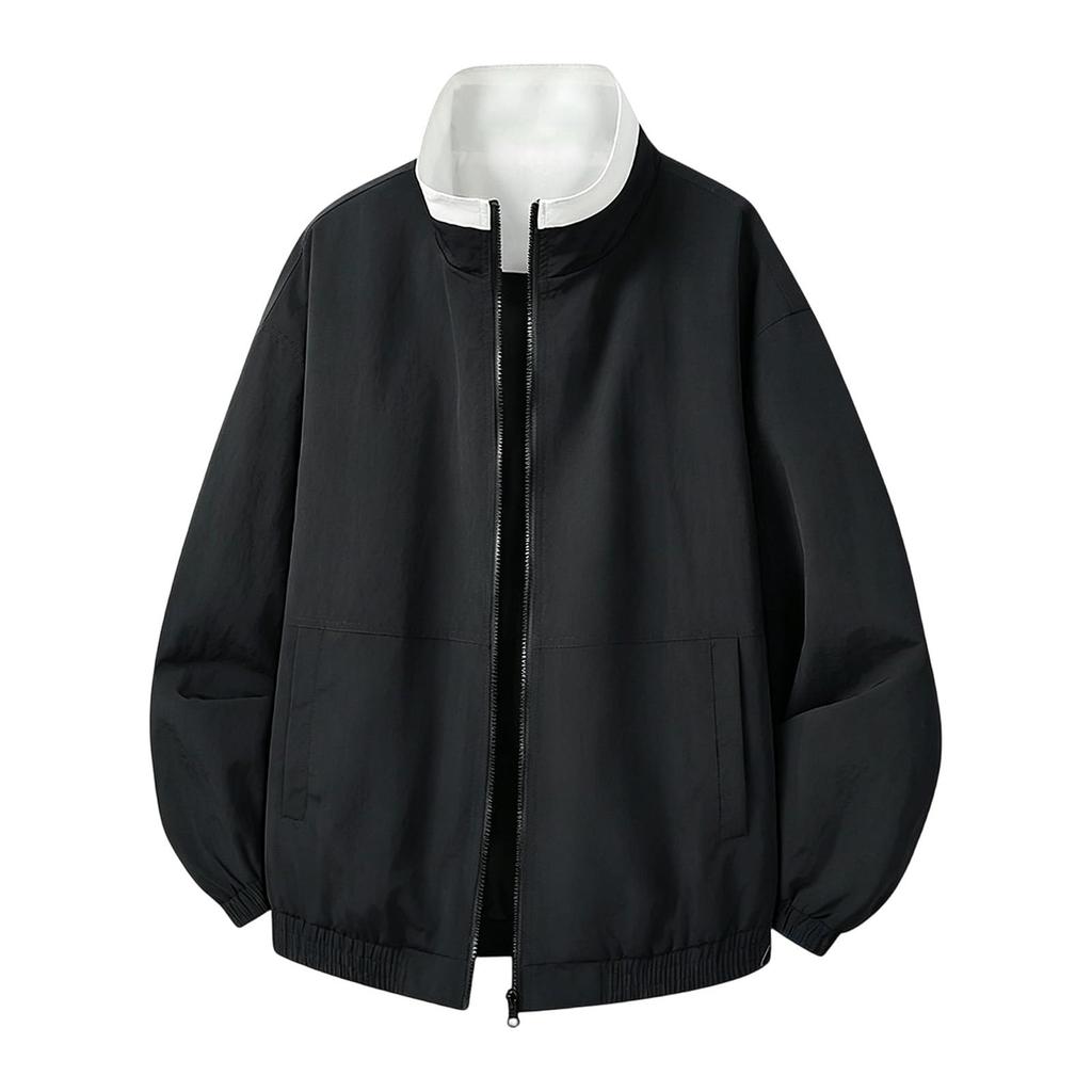 Men's Wind- Zip-Up Jacket with Stand Collar, Wrinkle- Fabric, Trim, Large Pockets, Relaxed Fit Casual Spring Fall Outerwear