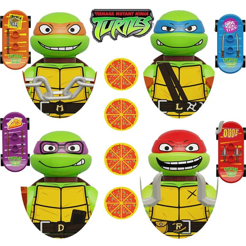 Big Sale!!! Ninja Turtles Michelangelo Donatello Leonardo Raphael With Pizzas Skate Model Action Figure Blocks Toys for Children