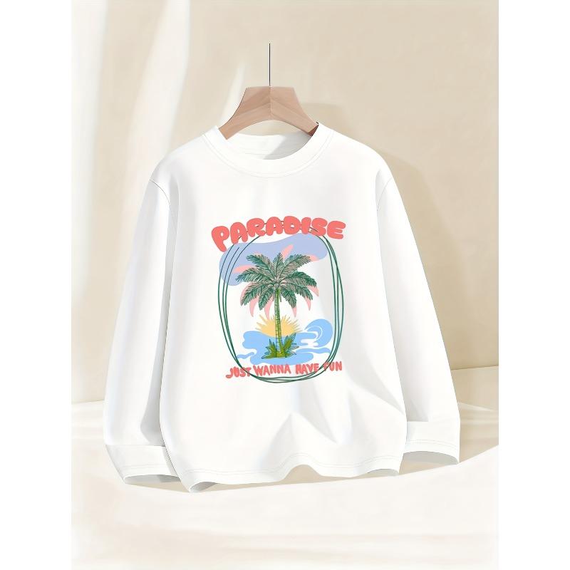 Kids Sweatshirt with Tropical Palm Tree & Beach Print - Soft Round Neck Casual Shirt for Kids, Spring/Autumn Outfits (Hand Washable)