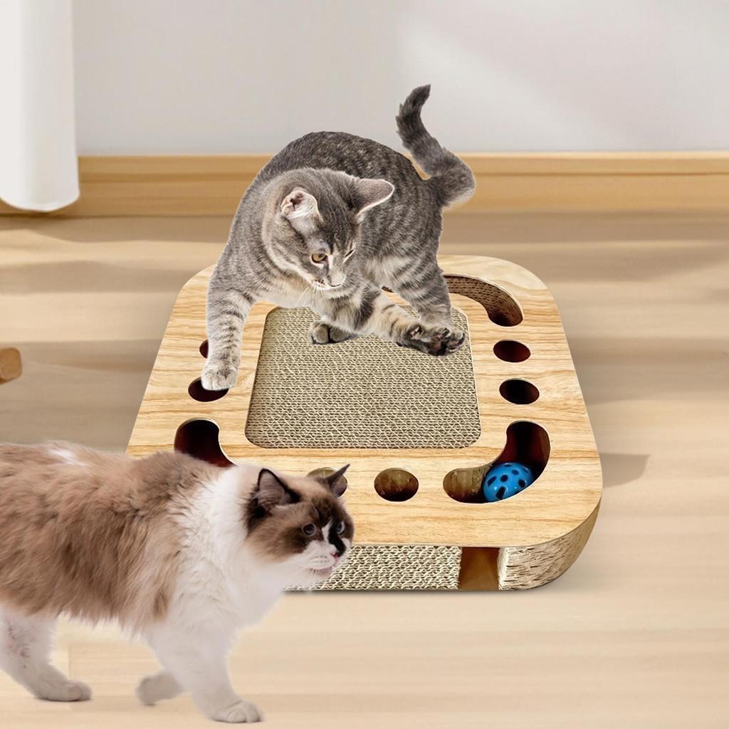 Cat Scratch Pad Cardboard Scratcher Interactive Pet Scratch Toy with 2 Bell Balls Track for Indoor Play Protecting Furniture