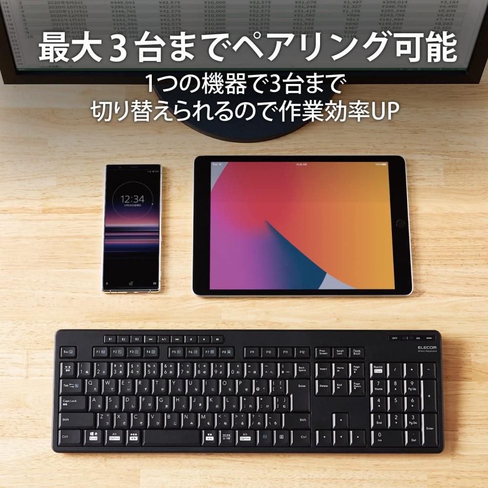 ELECOM Wireless Keyboard Bluetooth Silent TK-FFBM03SKBK Supports Multi-Pairing for Up To 3 Devices Antibacterial iPadMacbookSurfaceChromebook with Num