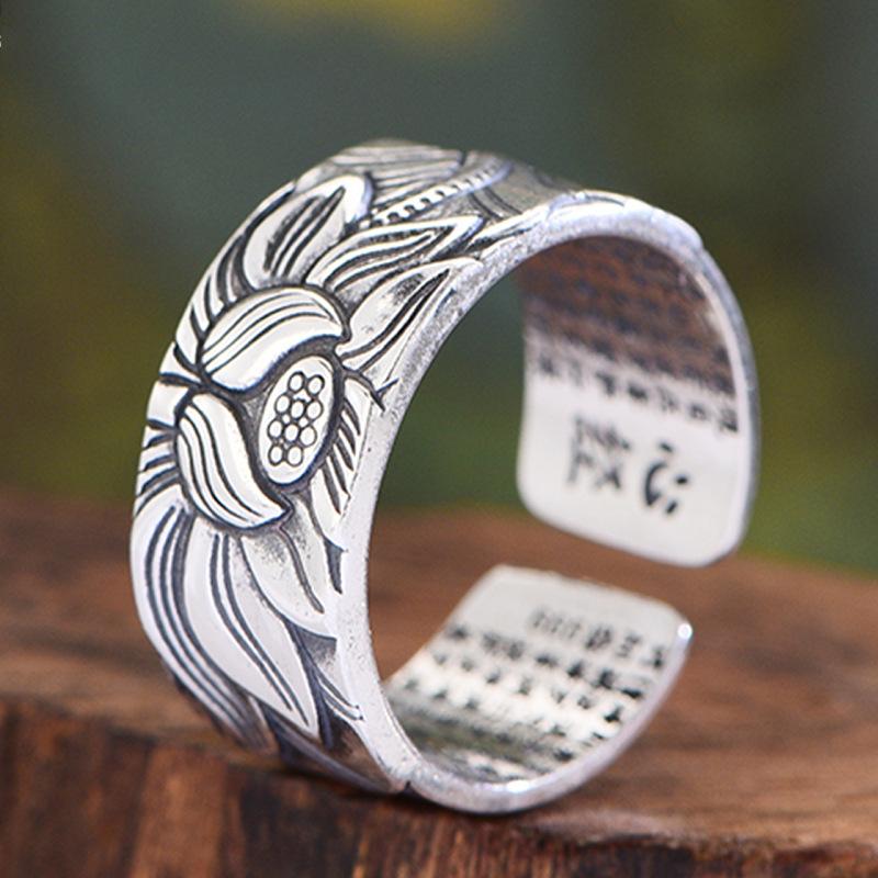 Thai silver black lotus heart sutra opening ring for men and women Silver vintage lotus novel wide silver ring ring
