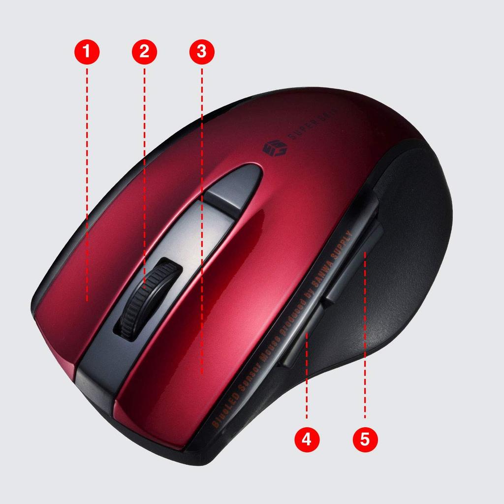 Sanwa Supply Bluetooth Mouse, Quiet, Blue LED, 5 Buttons (Back and Forward), Medium Size, Red, MA-BTBL167R