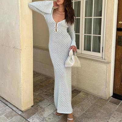 Women Beach Dress Low-cut V Neck Knitted Hollow Out V-shaped Back Elastic See-through Summer Vacation Beachwear Bikini Coverup Swimsuit Maxi Dress