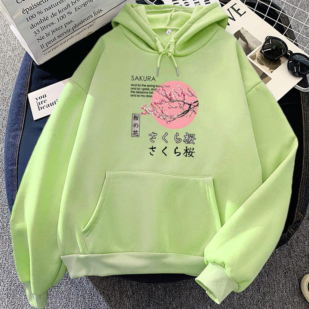 Japanese Blossom Sakura Graphic Hoodies Female Long Sleeve Hooded Pullovers Winter Cartoon Printing Female Sweatshirts Sudadera