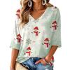 Women's Casual V-Neck Top with Christmas Print and Three-Quarter Sleeves