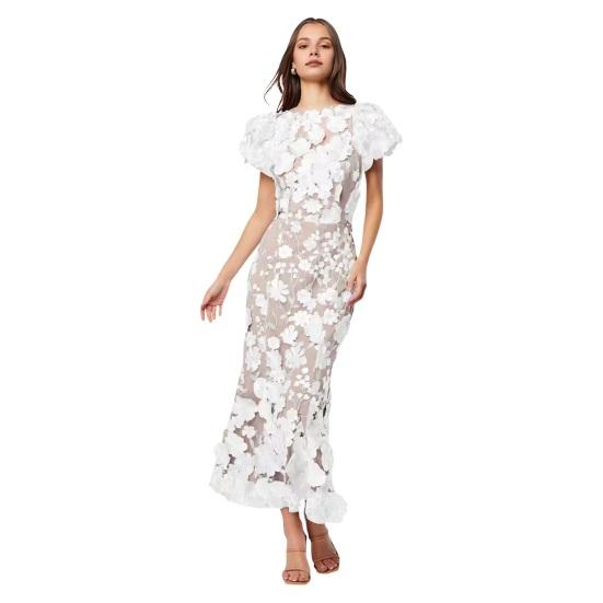 Women Fishtail Dress Round Neck Puff Short Sleeve Embroidered 3D Flower Decor Midi Dress Hip Wrapped Long Dress