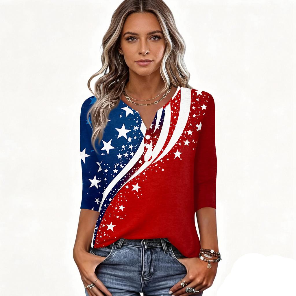 Women's T Shirt Independence Day Print Button 3/4 Sleeve Daily Weekend Fashion Basic V- Neck Regular Top