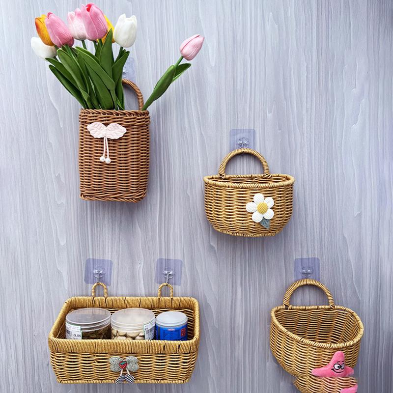With Handle Kitchen Storage Basket Imitation Rattan Brown Wall Hanging Basket Gift Living Room Hand-Woven Hanging Baskets