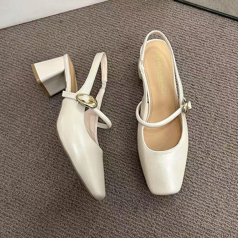New Spring and Summer French Temperament Thick Heel High Heels Bag Head Sandals Women's Shoes Square Head Mary Jane Single Shoes