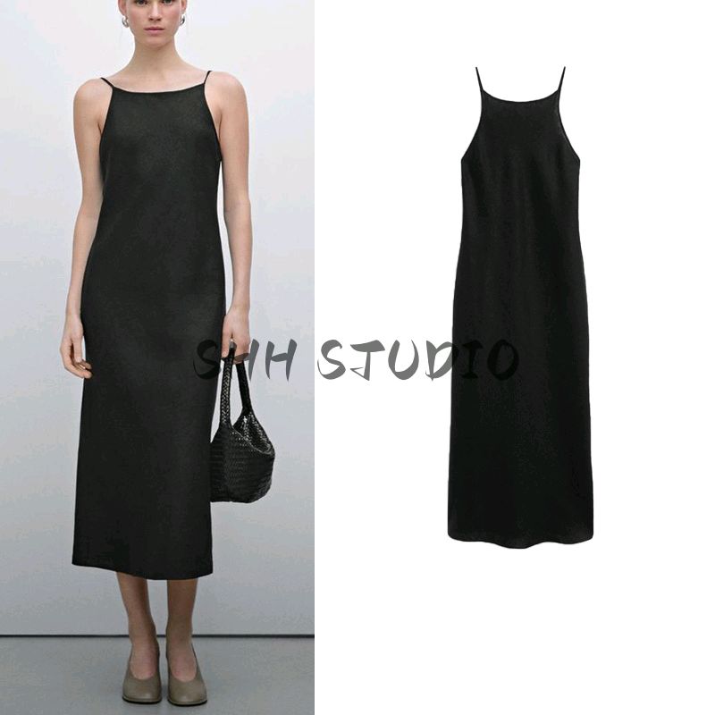 MD Spring/Summer New Arrival Elegant Elegance Minimalist Linen Mid-Length Sling Dress Black Dress 6631586