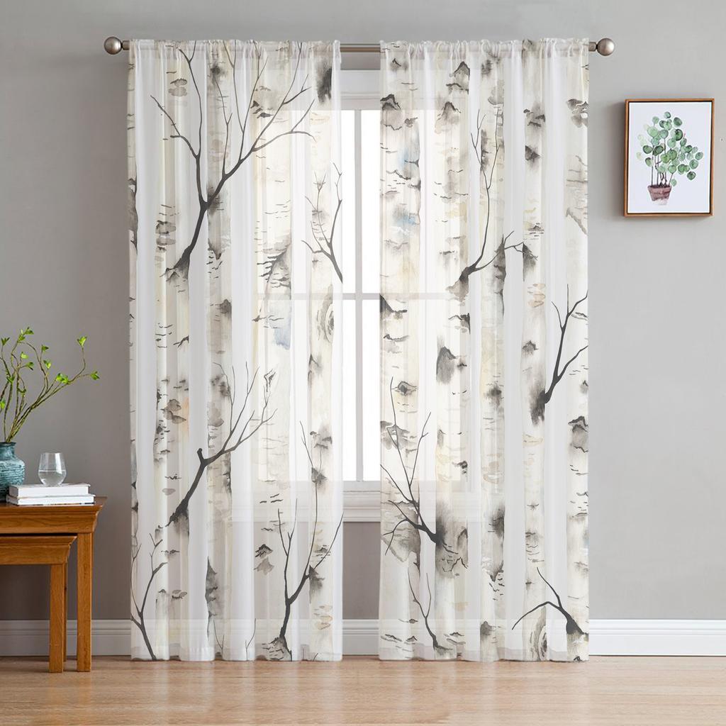 Träd Blomma Oljemålningsstil Blomma Skira Gardiner för Vardagsrum Modern Heminredning Tyllgardin Sovrum Voile Draperier