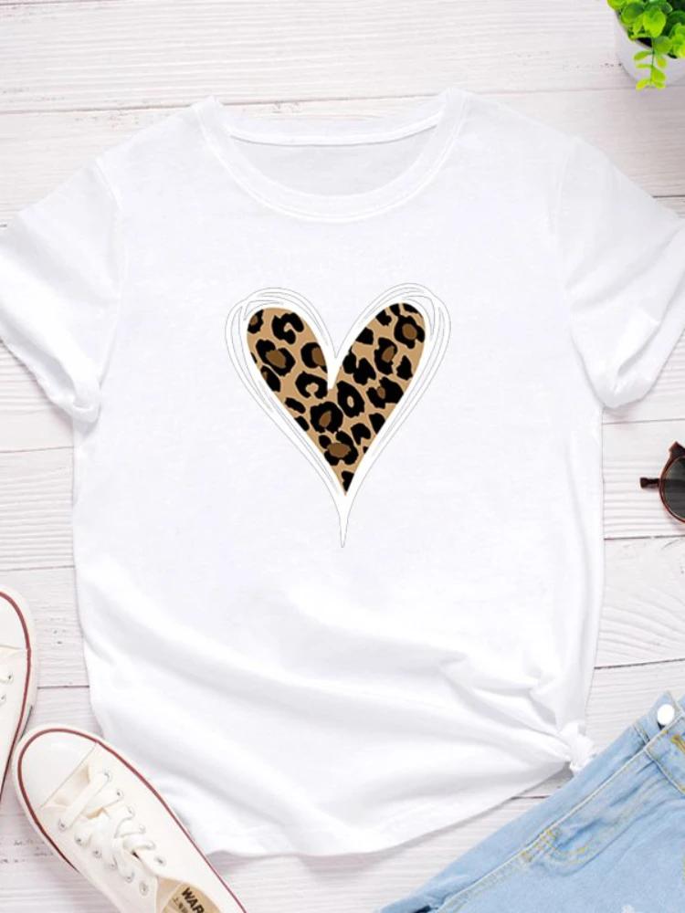 Leopard Heart Print Women T Shirt Short Sleeve O Neck Loose Women Tshirt Ladies Fashion Tee Shirt Tops Clothes Camisetas Mujer