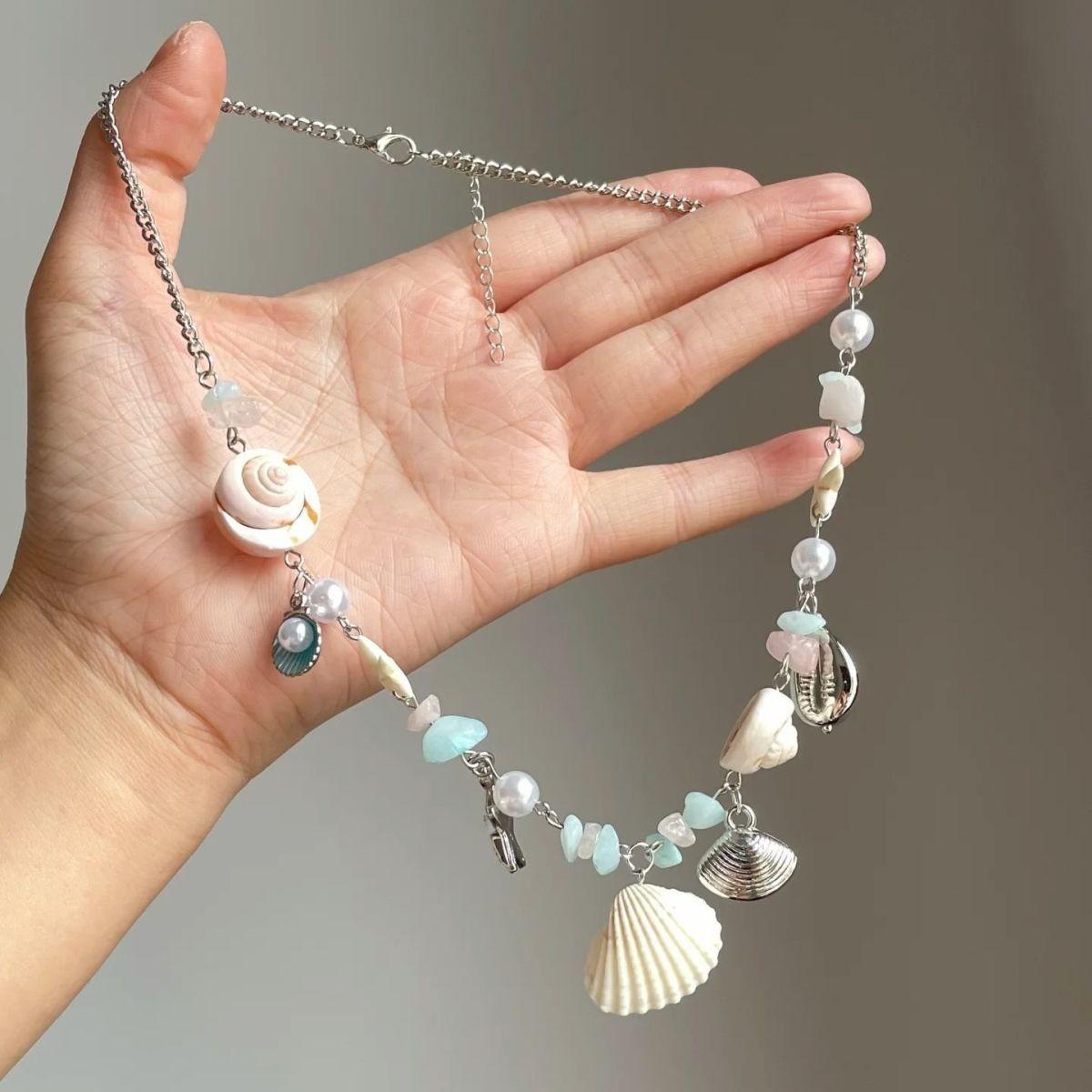 Sweet Cool Sporty Diamond Freshwater Pearl Shell Conch Tassel Bamboo Chain Gravel Starfish Pendant Necklace Fashion Women s