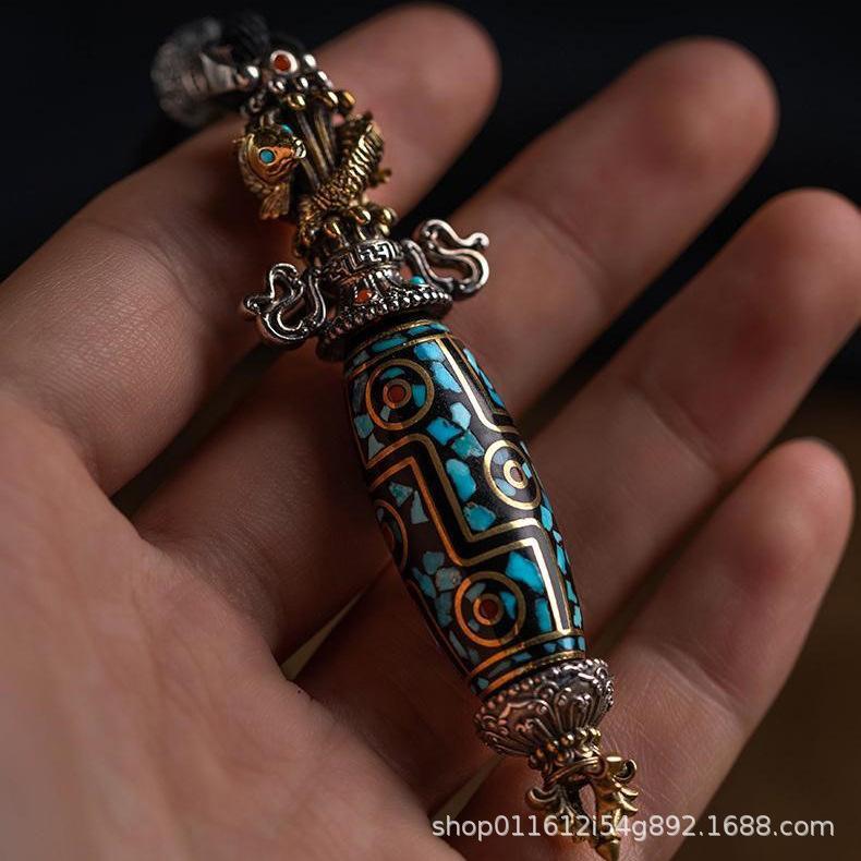 Koi Fish Nine-eye Celestial Bead, Vajra Staff Pendant, Six-character Precept for Subduing Demons, Aged Folk Art Jewelry Piece