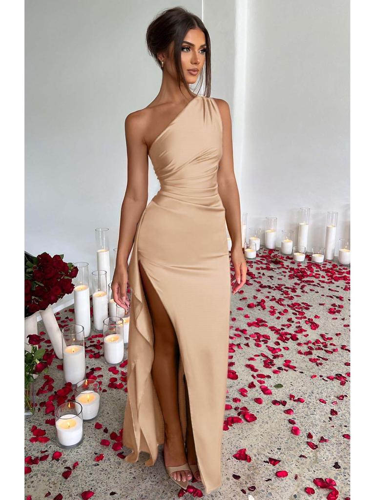 2025 One-Shoulder Ruffled Slit Satin Dress - Sexy European and American Summer Style.