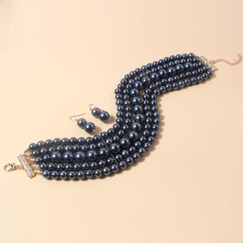 Fashion Faux Pearl Layered Necklace and Earrings Vintage Choker Necklace Jewelry Multi-Strand Pearl Choker Necklaces