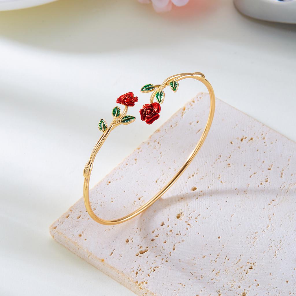 Neues Retro Drip Oil Rosenblüten Armband Ring Set für Damen Vintage Einfach Goldfarbe Offener Armreif Party Hochzeit Schmuck Geschenk