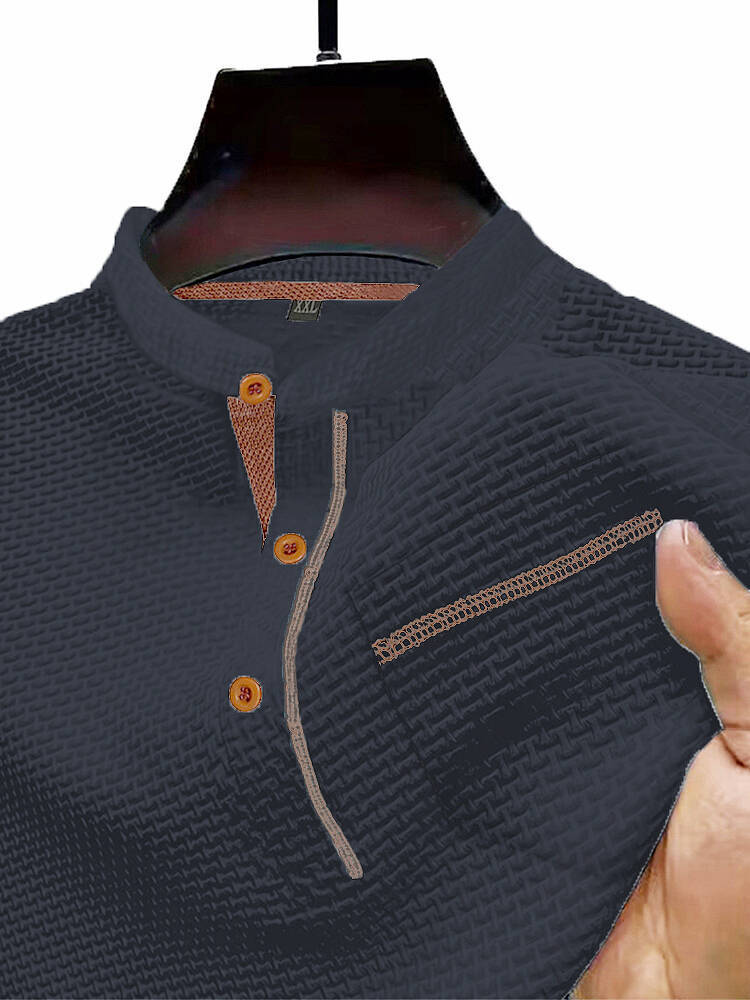 

Spring Fall Men s Waffle Knit Mandarin Collar Henley Shirt Textured Contrast Trim Short Sleeve Casual Business Daily Tops XXXL