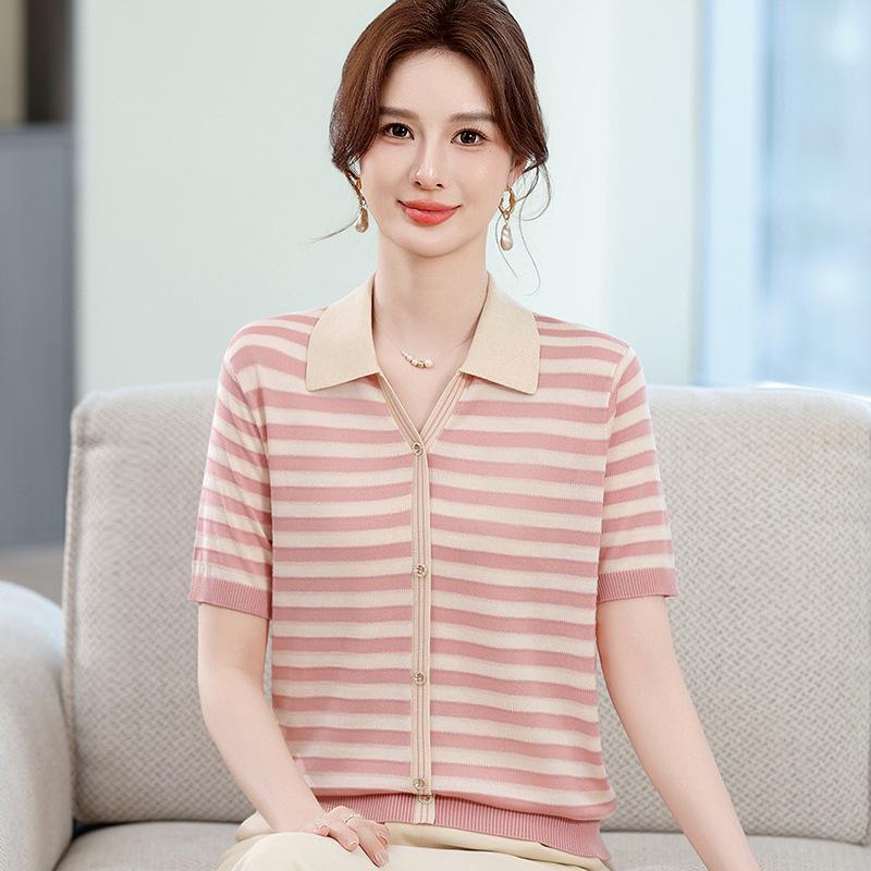 

2026 Summer Ice Silk T-shirt & Thin Striped Knit Cardigan Set for Moms - Stylish Lapel Design for Middle-aged and Elderly Women XXL рожевий/фіолетовий