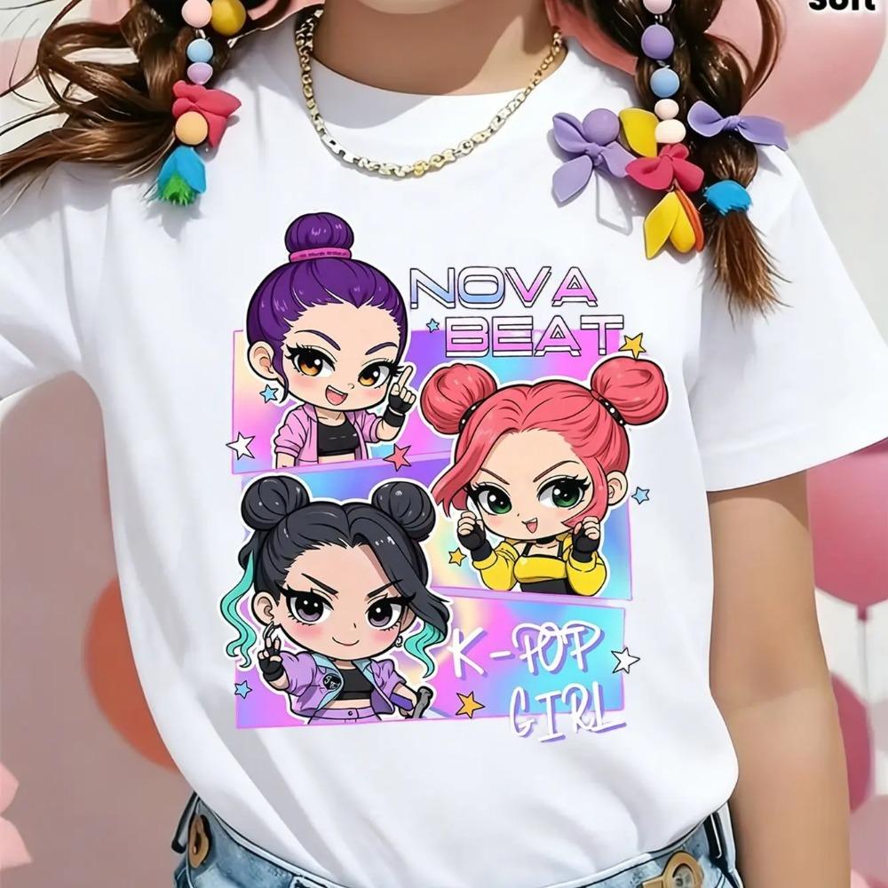 Новая детская футболка  Nova Beat Vibrant K-POP Girl Group  Мультяшный принт Повседневный универсальный топ, 100% чистый хлопок 110