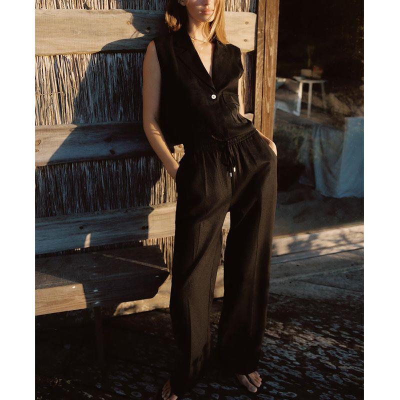 Summer Lapels Vest Style Tops 2373709 Linen Blend Straight-leg High Waist Casual Trousers 9929041