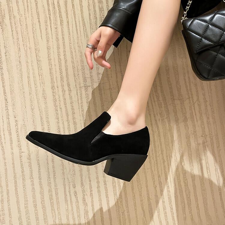 High heels design sense niche temperament new autumn deep mouth single shoes thick heel pointed soft leather women's shoes
