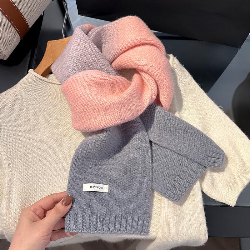 Luxury Winter 100% Wool Knitted Scarf Women Gradient Macaron Cashmere Handkerchief Warm Pashmina Solid Shawl Soft Stole Bufanda