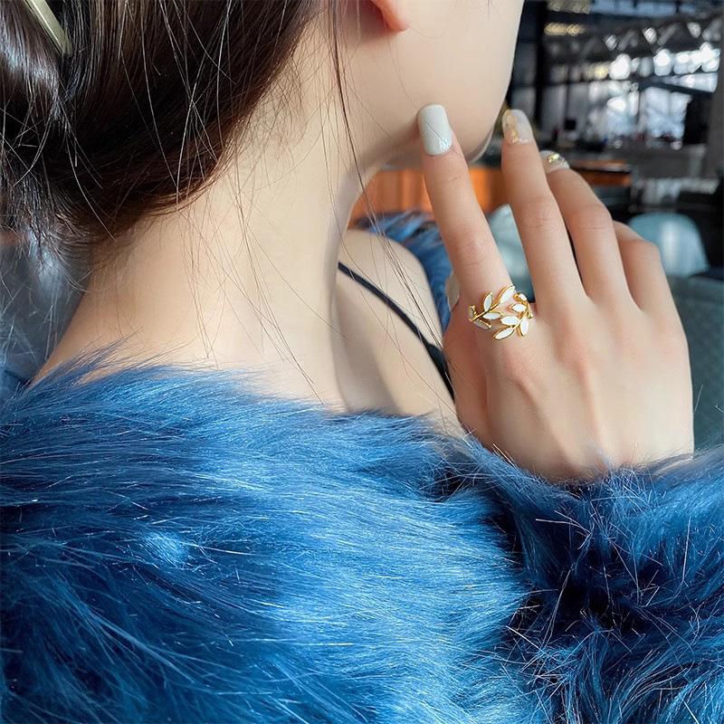 Opening Adjustable Leaf Ring Female, Painted Oil Fine Flash Korean Version, Wheat Ear Horse Eye